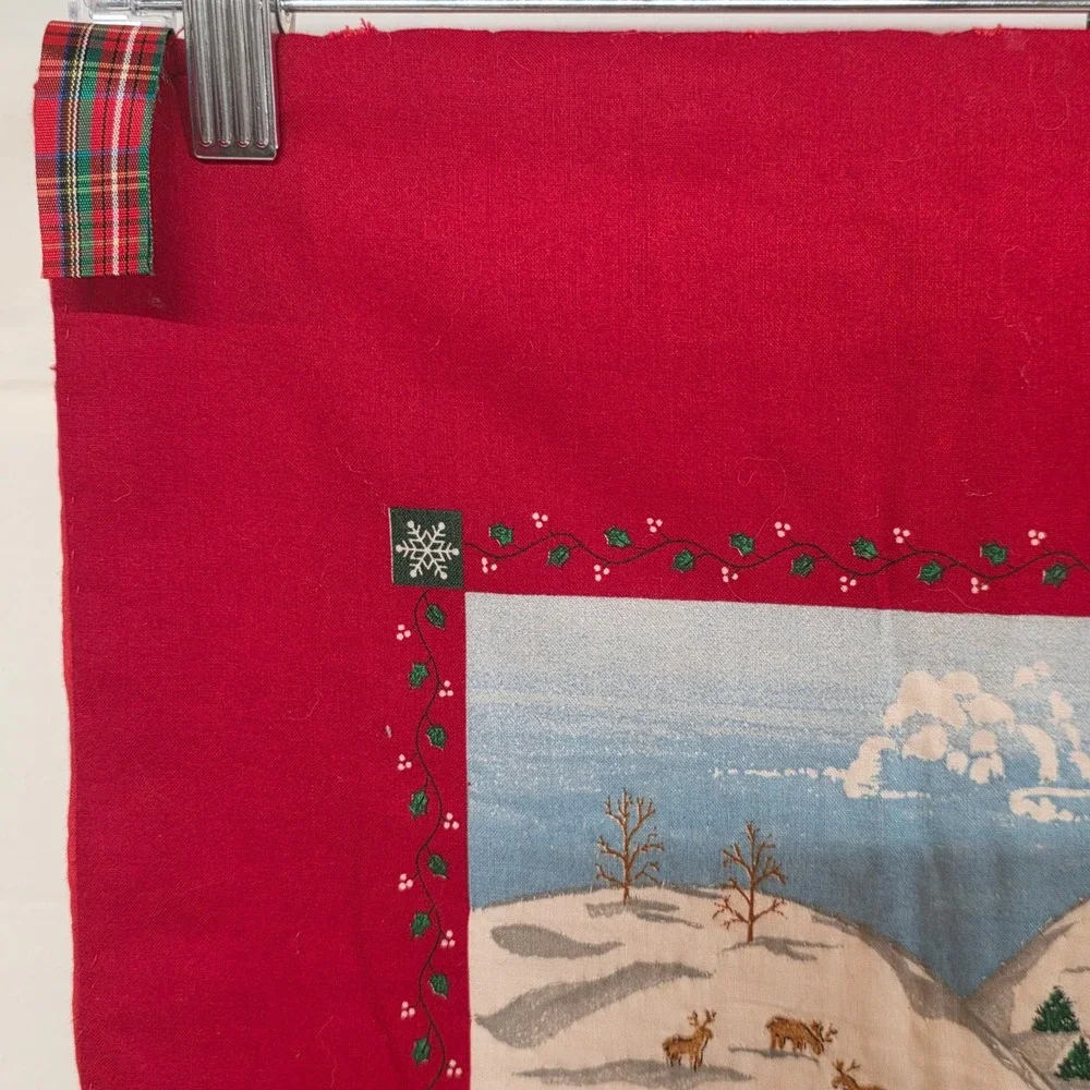 Vintage Christmas Winter Village Scenic Red Border Wall Hanging Ribbon Loops